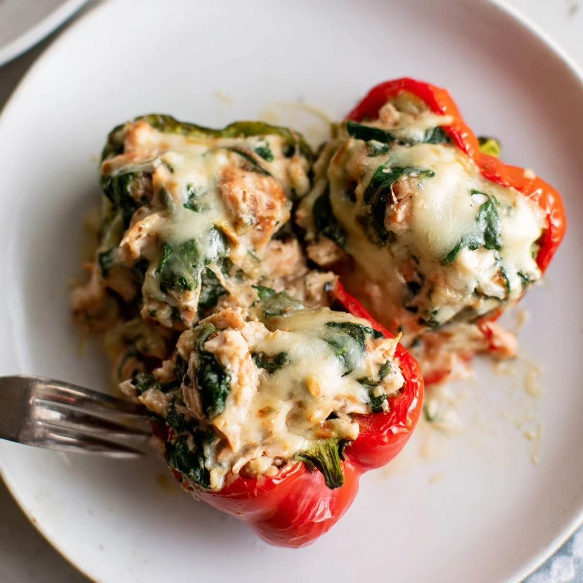 Savory Chicken Florentine Stuffed Peppers plated on a white dish, showcasing melted cheesy topping.
