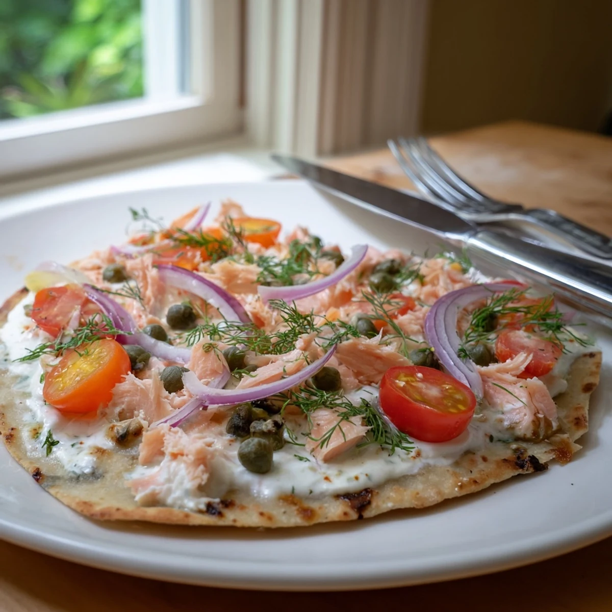 Crispy leftover salmon tortilla pizza topped with melted mozzarella, red onions, and capers  