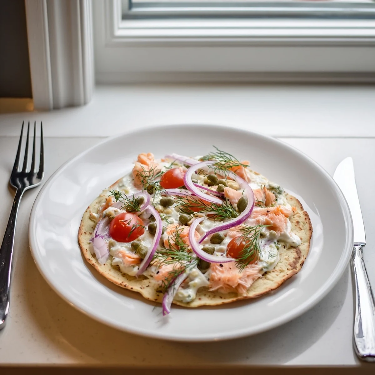 Golden brown tortilla pizza recipe featuring flaked salmon, cherry tomatoes, and fresh dill garnish  