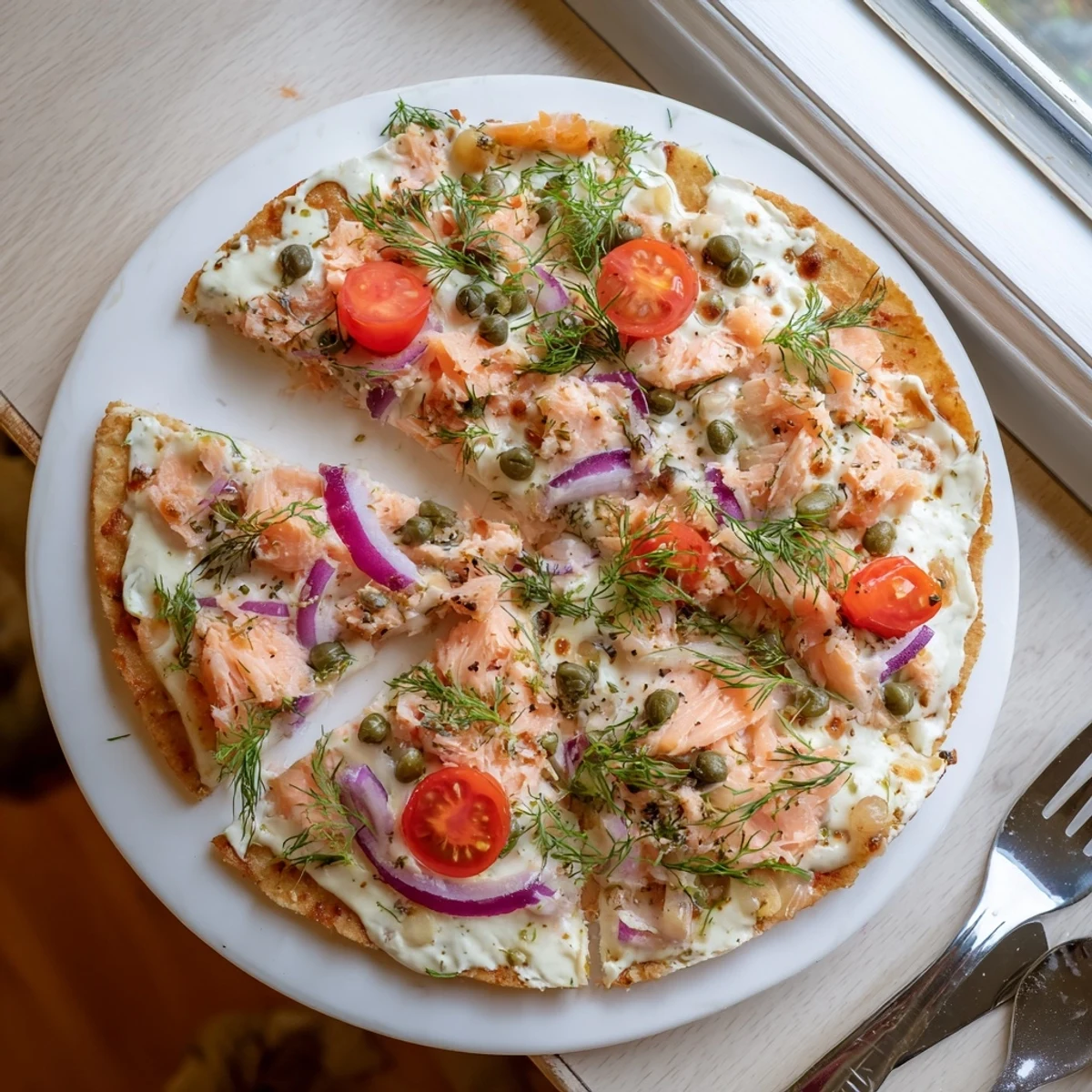 Sliced leftover salmon tortilla pizza on a wooden board with lemon wedges and chives