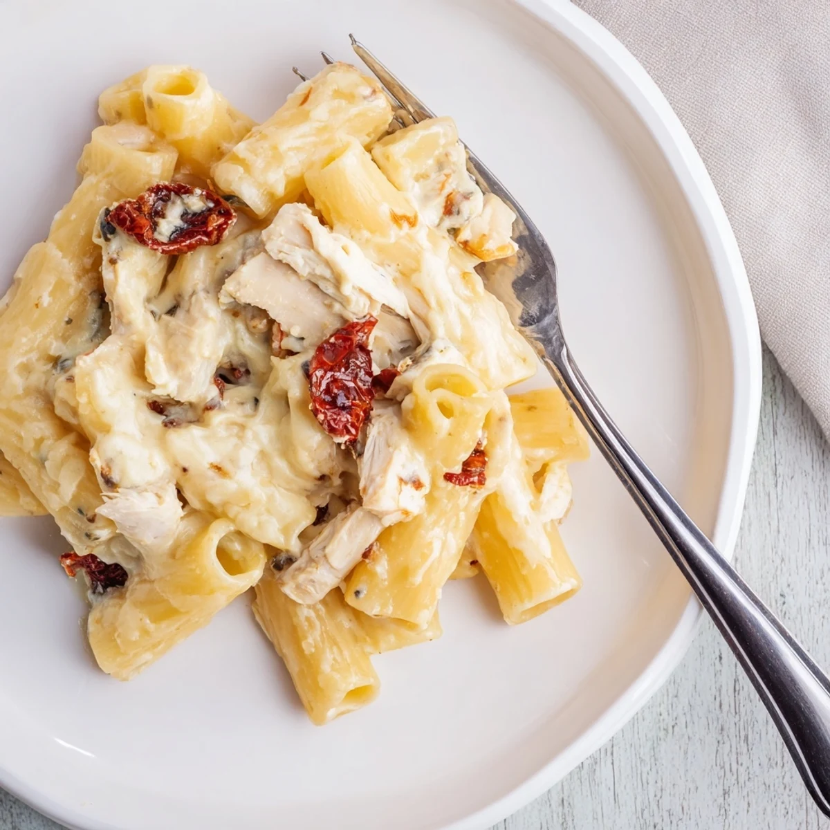 Creamy pesto chicken pasta bake served in a white bowl topped with fresh basil leaves.