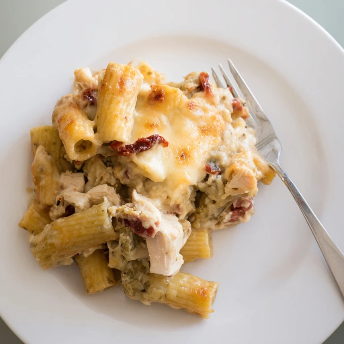 Delicious baked pasta dish featuring tender chicken pieces and savory basil pesto under melted cheese.