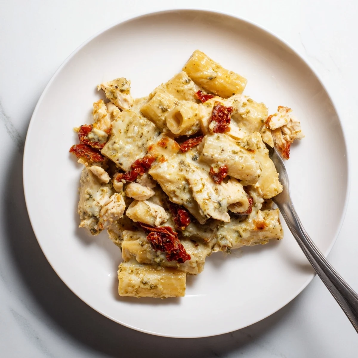 Golden brown pesto chicken pasta bake fresh out of the oven with bubbling mozzarella cheese.