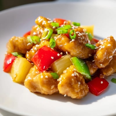 Sweet Hawaiian Crockpot Chicken served hot over fluffy white rice with bell peppers and onions.