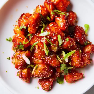 Tender Sweet and Spicy Thai Chicken coated in a sticky, vibrant sauce, served hot over fluffy white rice.