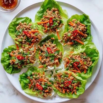 Freshly assembled Potsticker Chicken Lettuce Boats with ground chicken, carrots, and sesame seeds ready for a low carb dinner.