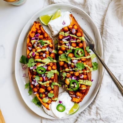 Topped with vibrant fresh cilantro and sliced jalapeños, this Vegan BBQ Chickpea Sweet Potatoes recipe invites you to enjoy the creamy avocado-lime drizzle over the warm roasted vegetables.