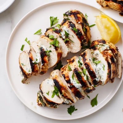 Juicy Greek yogurt marinated chicken fresh off the grill with lemon wedges