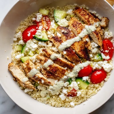 Steaming fluffy couscous topped with spiced chicken, olives, and a creamy lemon-tahini drizzle