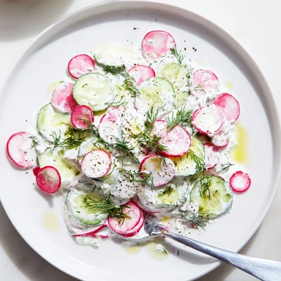 Crisp cucumbers and peppery radishes coated in tangy yogurt dill salad dressing