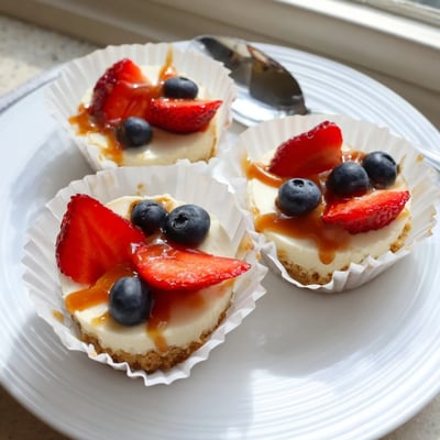 Golden graham crust mini cheesecakes drizzled with rich caramel and chocolate