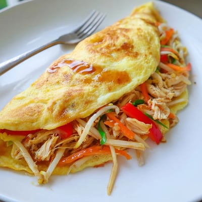 Fluffy Chinese omelette with colorful bell peppers and bean sprouts on a white plate