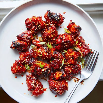 Crispy caramelized gochujang chicken thighs served over steamed white rice in a bowl